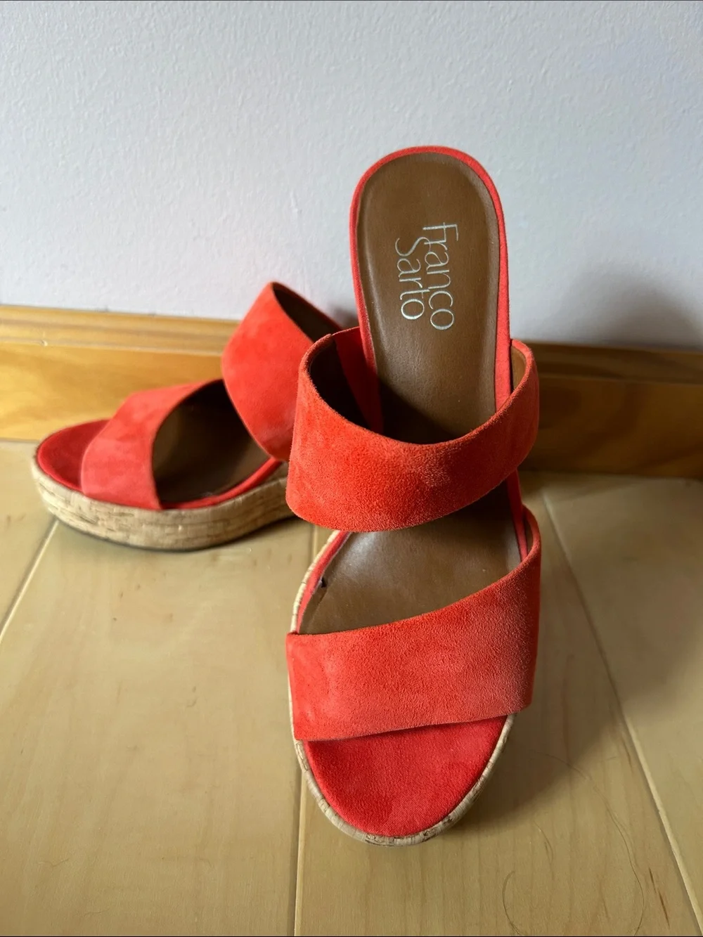 Franco Sarto Women’s Orange Red Suede Cork Platform Sandals 7.5